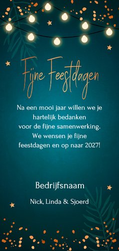 Zakelijke kerstkaart blauw jaartal 2027 lampjes koperlook Achterkant