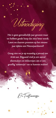 Zakelijke uitnodiging Nieuwjaarsborrel rood watercolour 2027 Achterkant