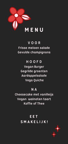 Zwarte menukaart met rode en roze bloemen illustraties Achterkant