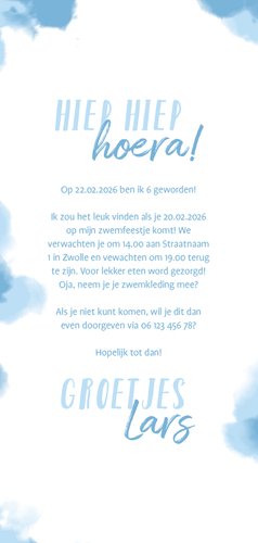 Zwemfeestje uitnodiging haai met band en bal Achterkant