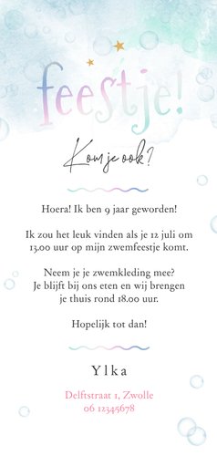 Zwemfeestje uitnodiging zeemeermin waterverf magisch Achterkant