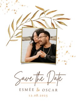 Bohemian save the date uitnodigingskaart blad goud