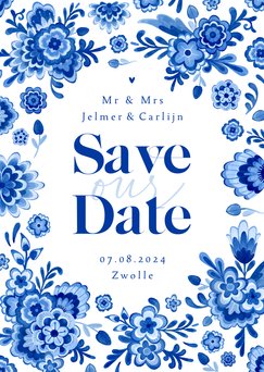 Save the date Delfts blauw bloemen stijlvol romantisch