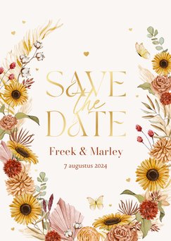 Save the date stijlvol bohemian bloemen zomer vlinders goud 