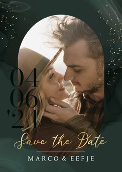 Stijlvolle save the date kaart foto datum watercolor goud