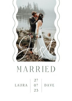 Trouwkaart just married stijlvol golven