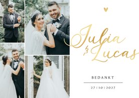Bedankkaart bruiloft foto's foliedruk namen goud