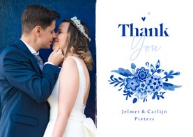 Bedankkaart Delfts blauw bloemen stijlvol romantisch trouwen