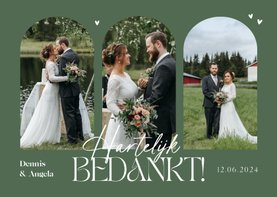 Bedankkaart trouwen bogen grafisch olijfgroen foto's hartjes