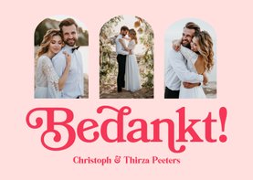 Bedankkaart trouwen retro typografisch roze fotokaart
