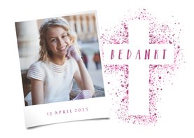 Bedankkaartje communie foto & kruis verfspetters roze