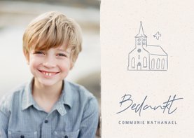 Bedankkaartje communie met illustratie van kerkje en duifje