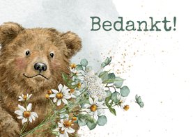 Bedankkaartje met lieve beer en grote bos bloemen