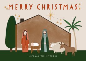 Christelijke kerstkaart kerststal en dieren merry christmas