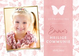 Communie uitnodiging roze voor meisjes met lente dieren