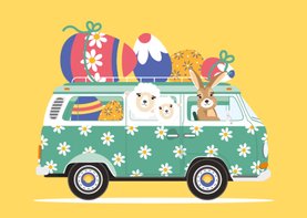 Een vrolijk Volkswagen busje vol paasdieren