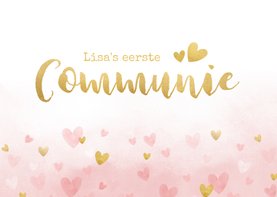 Felicitatiekaart communie - roze waterverf met gouden hartje