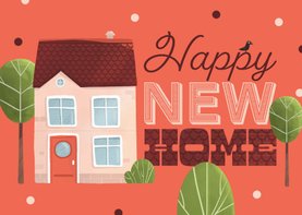 Felicitatiekaart happy new home huis boom confetti