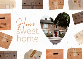 Felicitatiekaart home sweet home verhuisdozen en foto