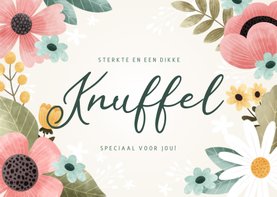 Fleurige beterschapskaart met knuffel en bloemen