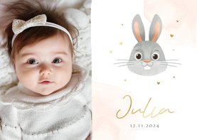 Geboortekaartje meisje foto konijn hartjes waterverf