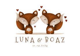 Geboortekaartje tweeling vosjes met hartjes lief