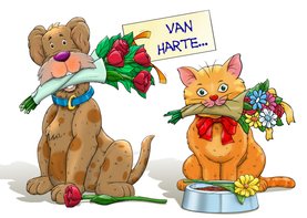 Grappige felicitatiekaart met hond en kat met bloemen