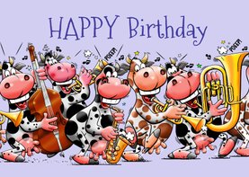 Grappige verjaardagskaart met zes koeien die muziek maken