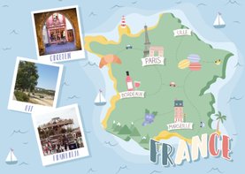Groeten uit Frankrijk met grappige landkaart en fotocollage