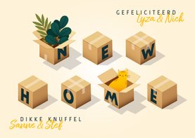 Hippe felicitatiekaart 'new home' met dozen, planten en kat