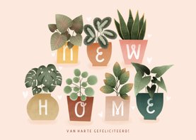 Hippe felicitatiekaart new home met plantjes en hartjes