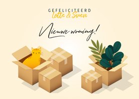 Hippe felicitatiekaart 'Nieuwe Woning' verhuisdozen en kat