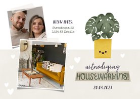 Hippe uitnodiging housewarming met plantje, foto's & hartjes