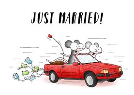 Huwelijksfelicitatie - twee muisjes in een trouwauto