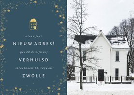 Kerst-verhuiskaart bedrijf met foto en gouden pand