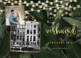 Kerst-verhuiskaart jungle bladeren met gouden accenten