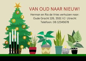 Kerst-verhuiskaart kerstboom kaarsen planten