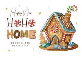 Kerst verhuiskaart snoep gingerbread huisje koekjes ho ho ho