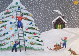 Kerstboom die versierd wordt door kinderen