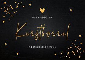 Kerstborrel uitnodiging zwart goudlook confetti