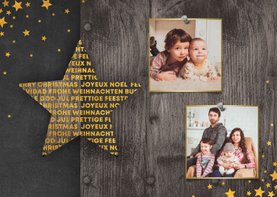 Kerstkaart fotocollage met meertalige ster en gouden sterren