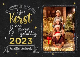 Kerstkaart krijtbord met goudlook en foto