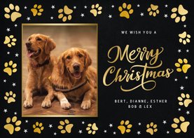 Kerstkaart met foto van huisdier en honden pootafdrukjes 