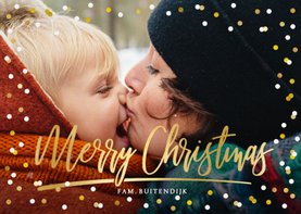 Kerstkaart met grote foto, merry christmas en confetti