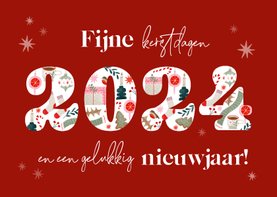 Kerstkaart met jaartal vrolijke illustraties en sterren rood