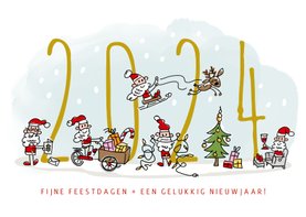 Kerstkaart met kerstmannetjes en 2024