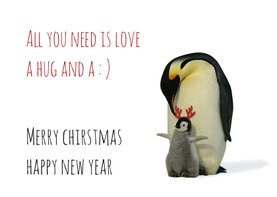 Kerstkaart pinguin, kleintje en gewei