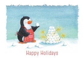 Kerstkaart pinguïn met soesjes toren