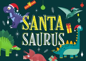Kerstkaart vrolijk hip dinosaurus feest humor kinderen 