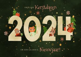 Kerstkaart vrolijke diertjes met cadeaus 2024 donkergroen 